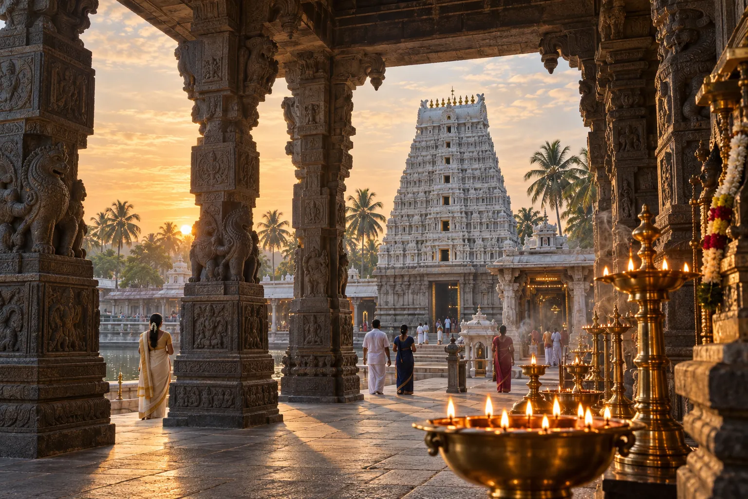 Artistic impression of a South Indian temple courtyard at sunrise